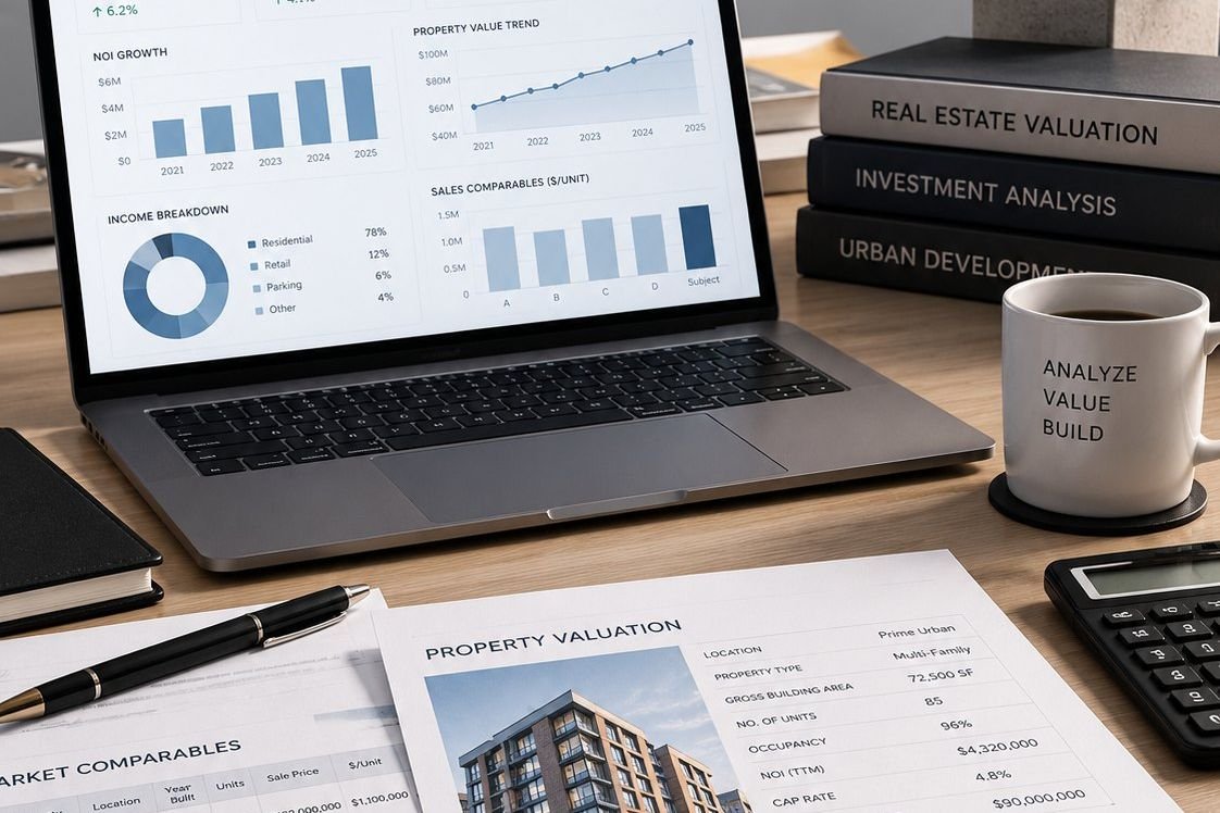 A desk with a laptop showing property analysis charts, a printed valuation summary and a table of market comparables